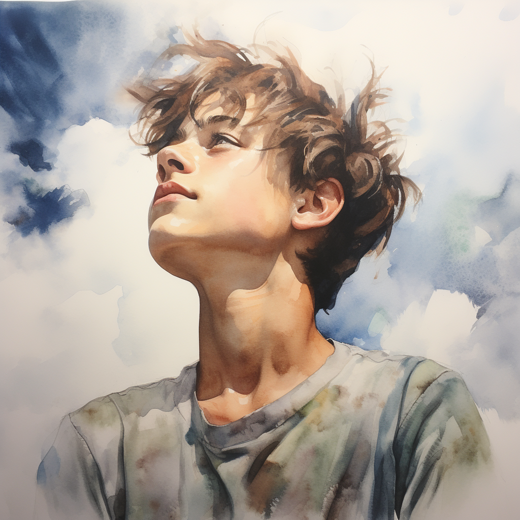 Watercolor portrait of a daydreaming boy