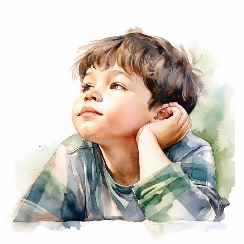 Watercolor portrait of a daydreaming kindergarten boy