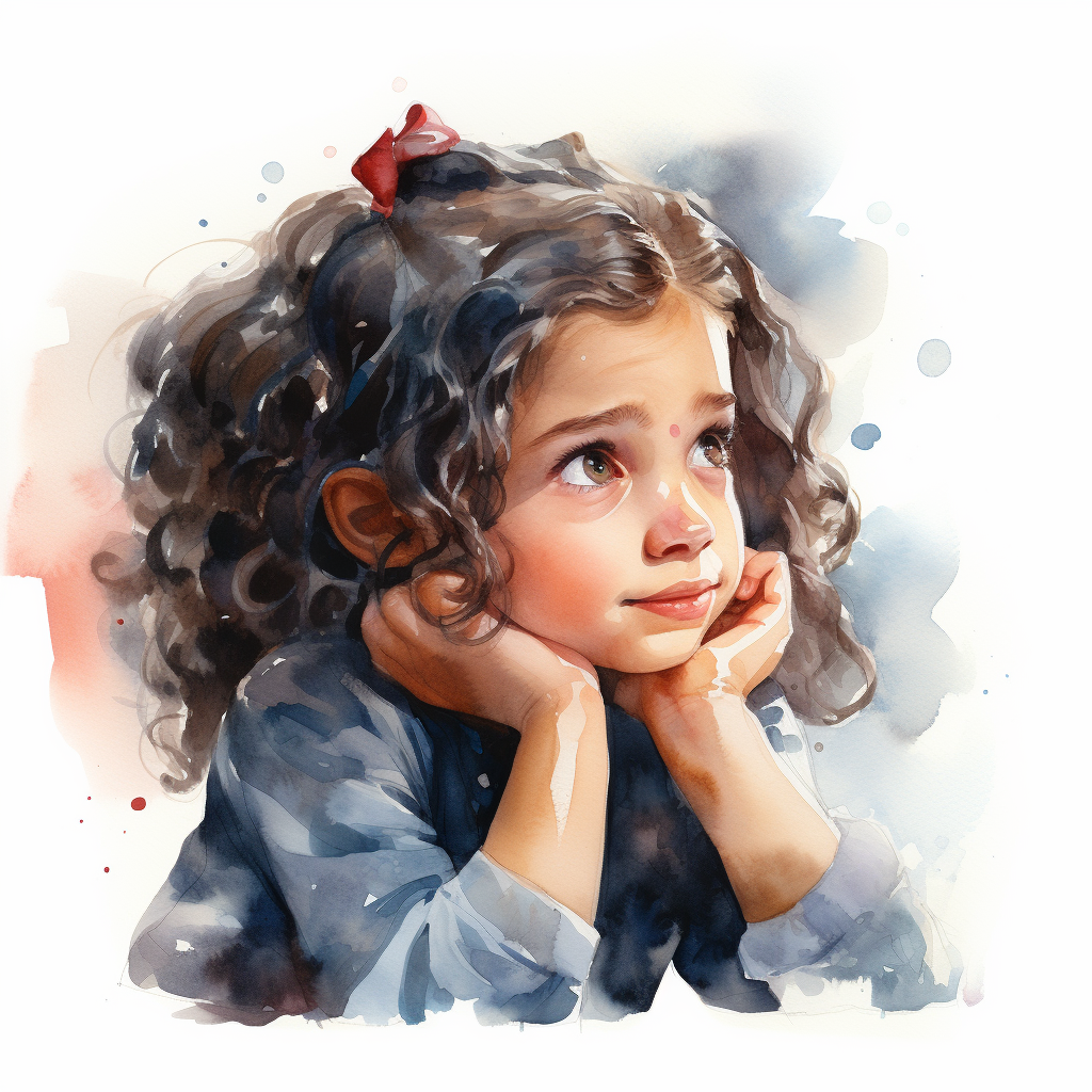 Watercolor portrait of a daydreaming kindergarten girl