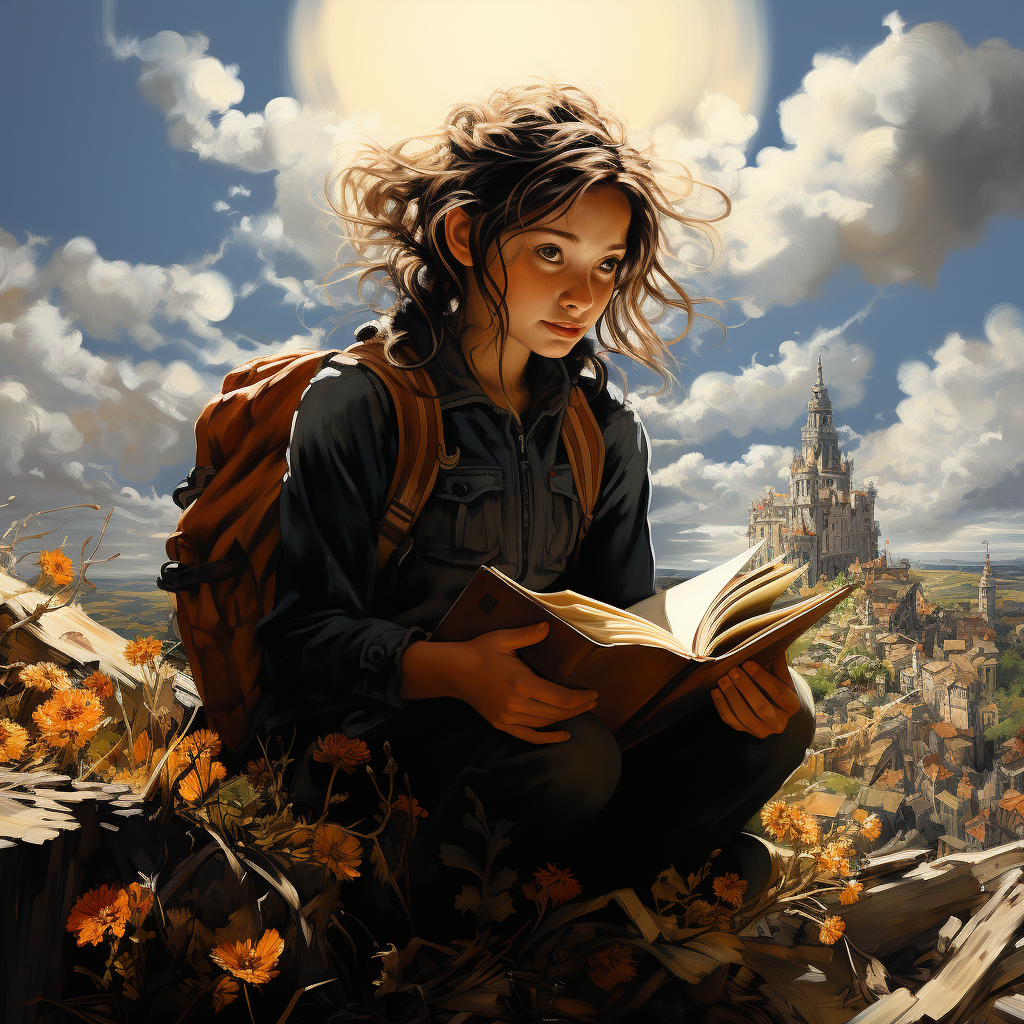 Girl Reading Books on Hill