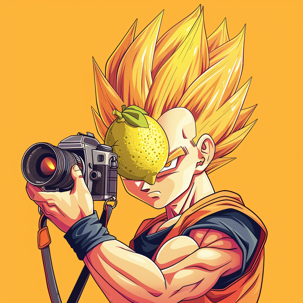 Anime character with lemon head holding camera