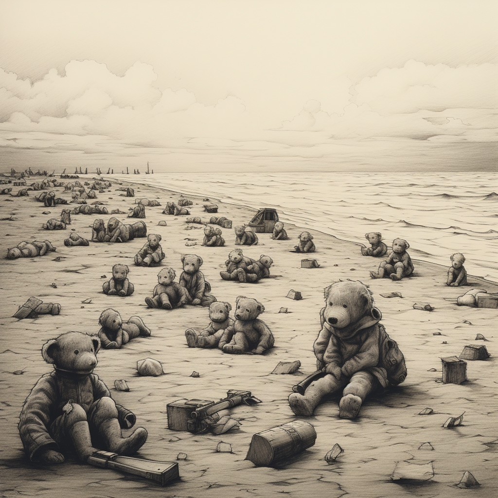 Monochrome drawing of fallen soldiers with teddy bear