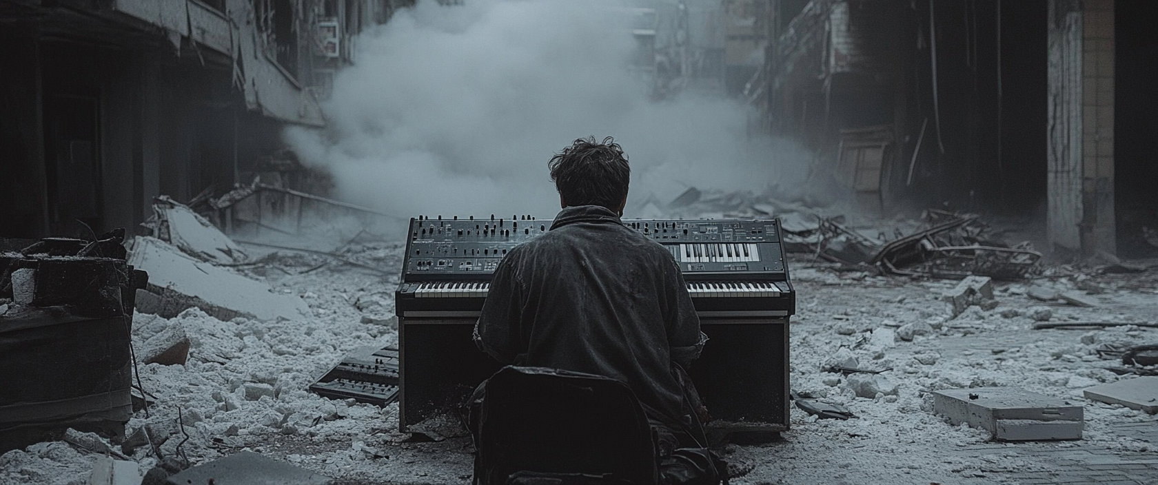 Synthesizer player covered in ashes