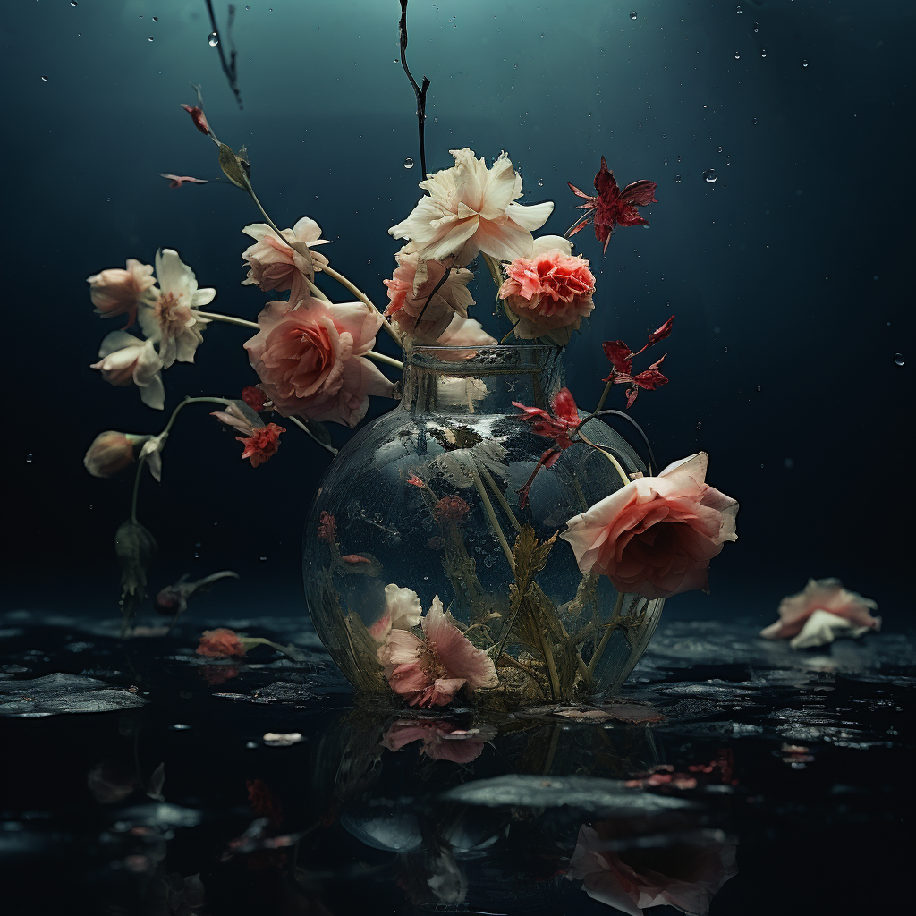 Vibrant underwater dead flowers in dark palette