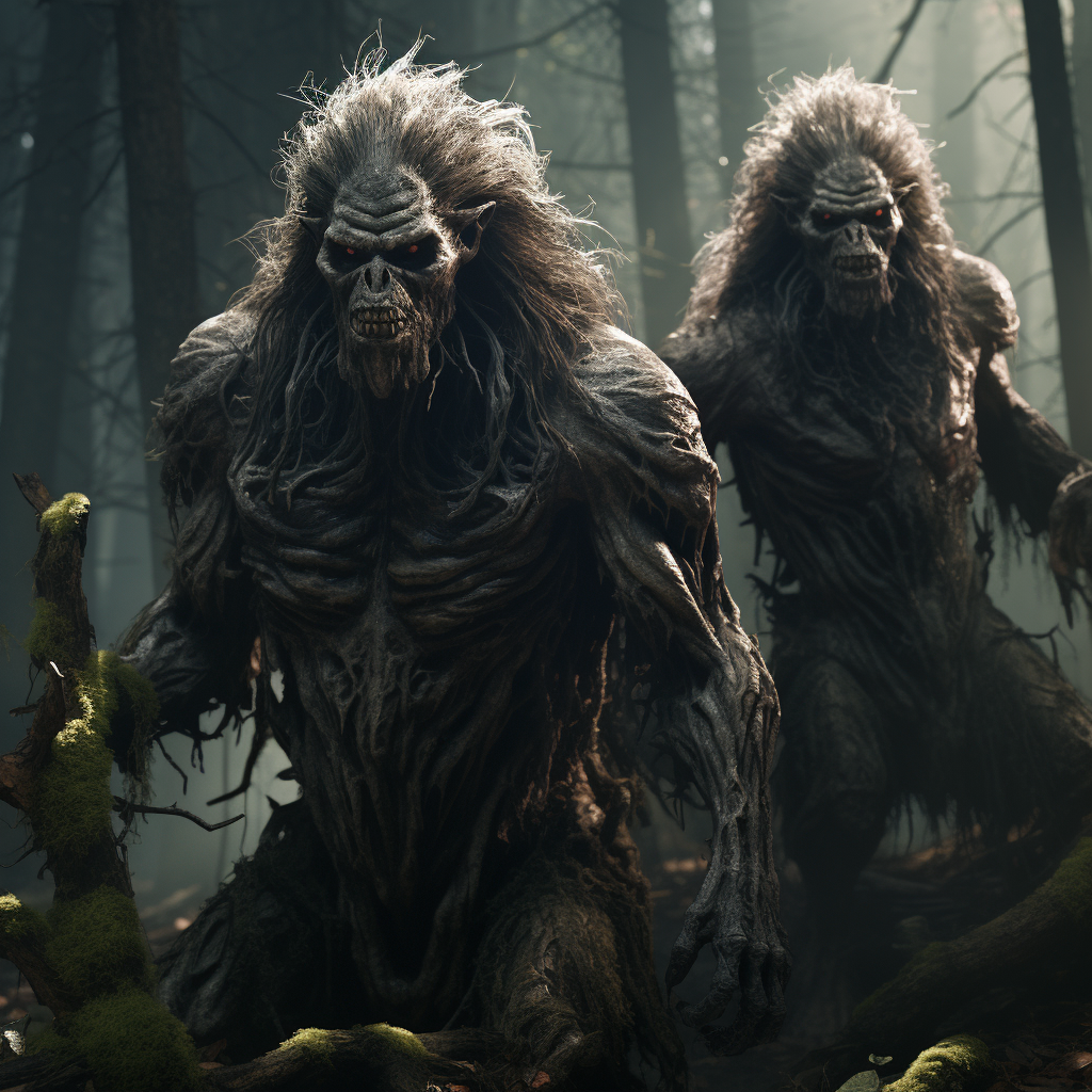 Three hairy trolls in dark forest