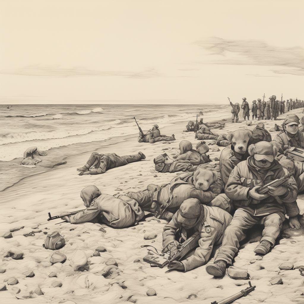 World War 2 soldiers on beach with red teddy bear