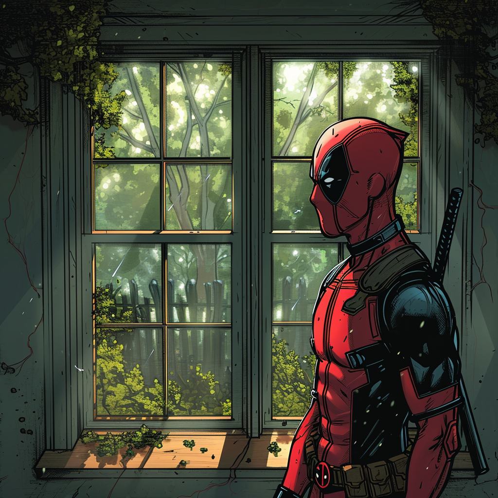 Deadpool looking out house windows