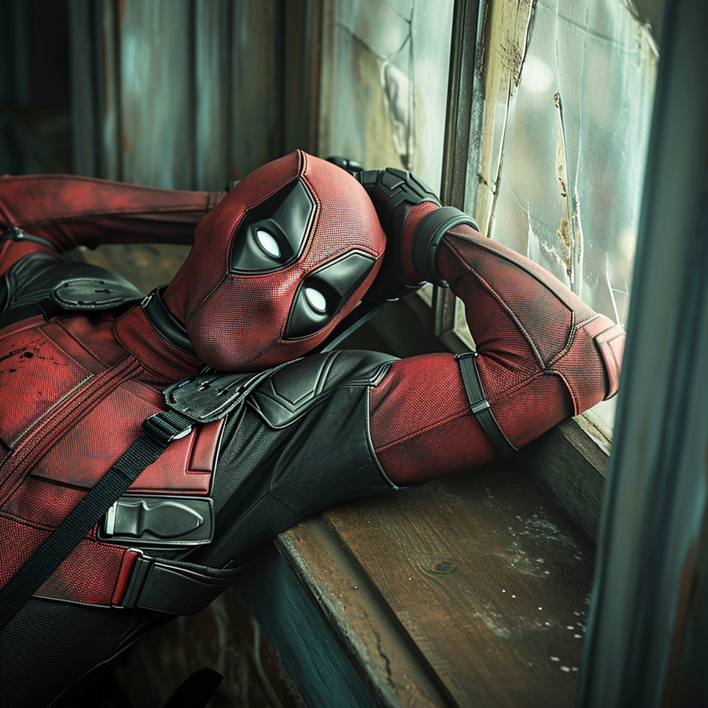 Deadpool lying on glass inside house