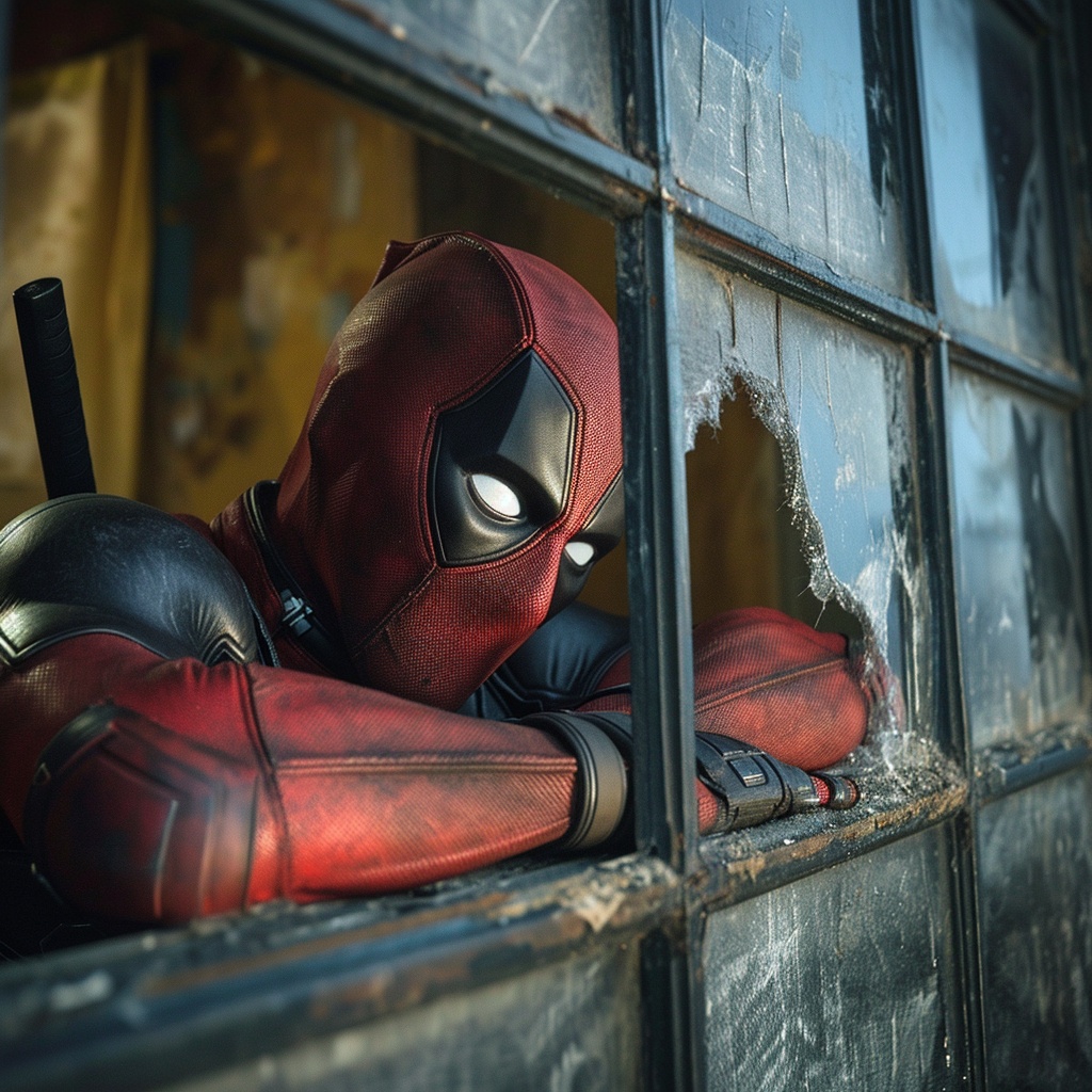 Deadpool lying on glass in house