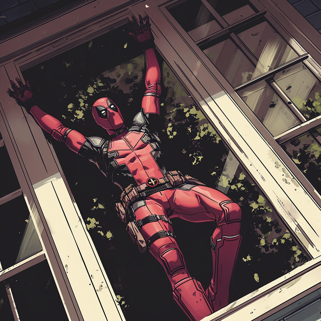 Deadpool lying outside floor-to-ceiling window