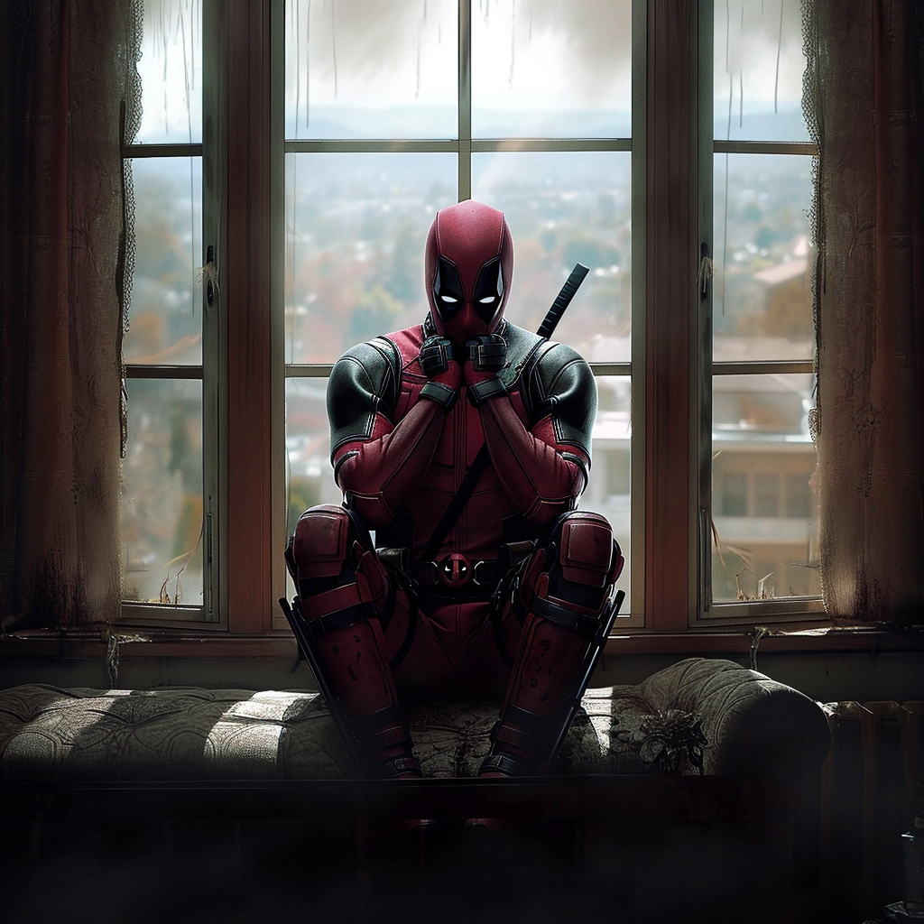 Deadpool looking out of window