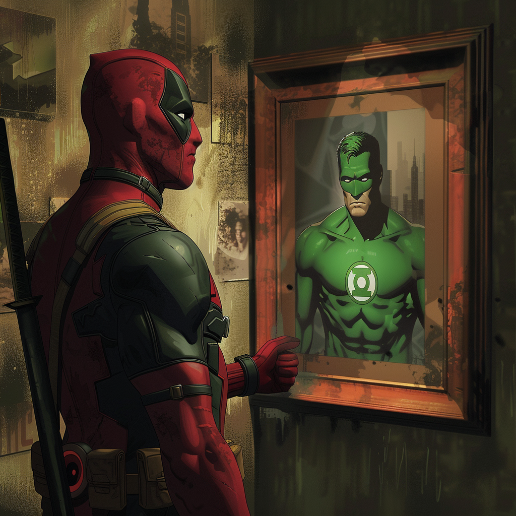 Deadpool looking at Green Lantern picture