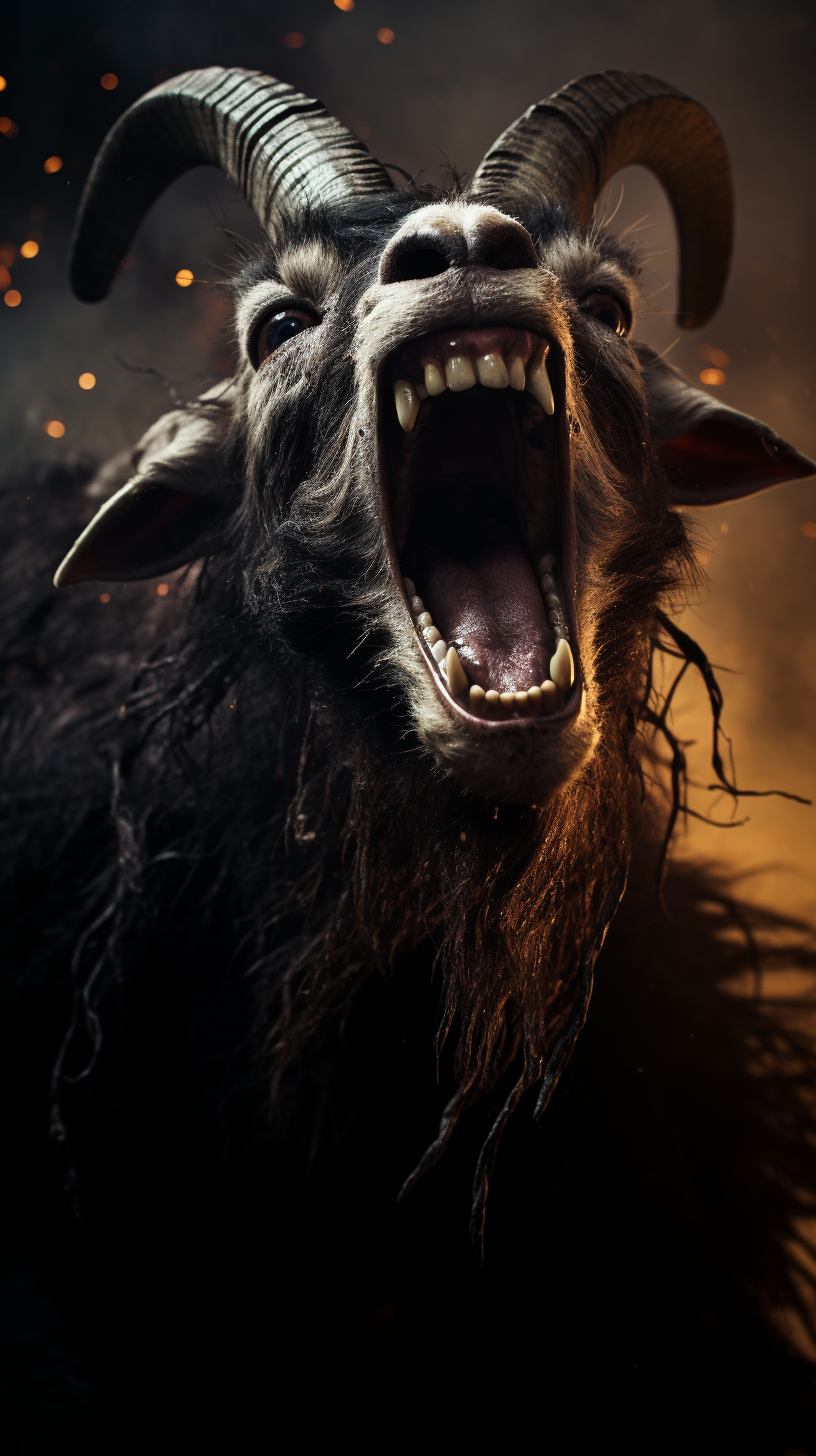 Death metal horned black goat with intense expression