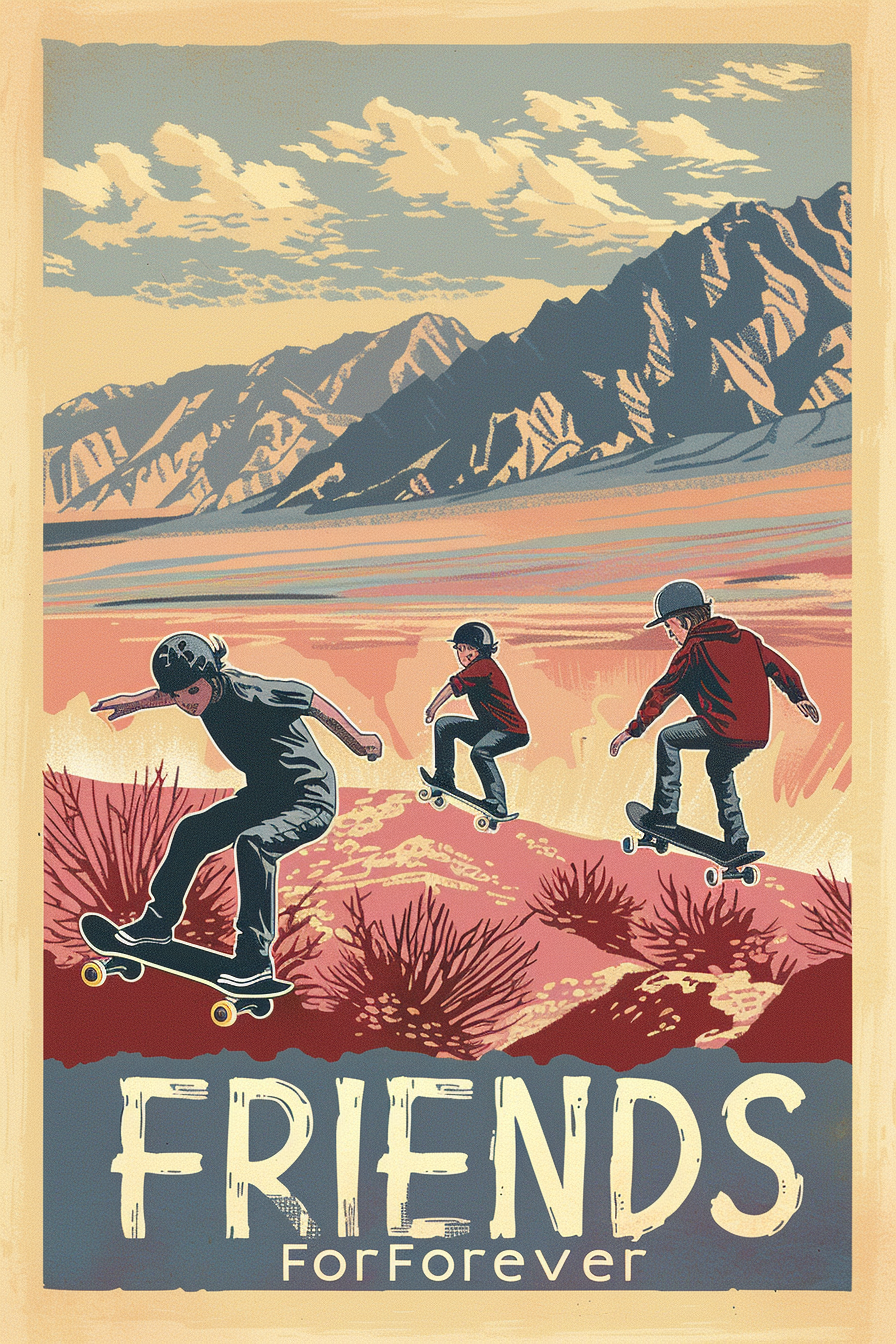 Boys skateboarding vintage travel poster