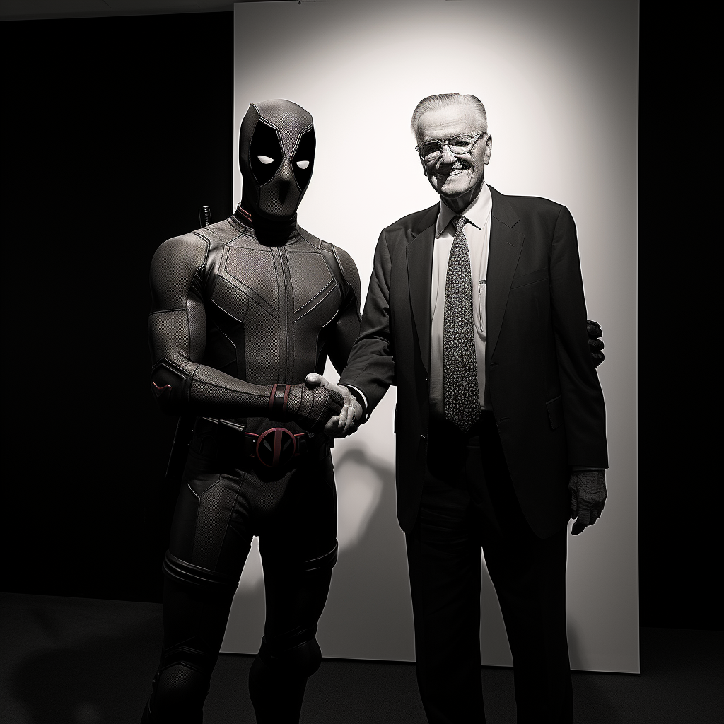 Deathpool shaking hands with Stan Lee