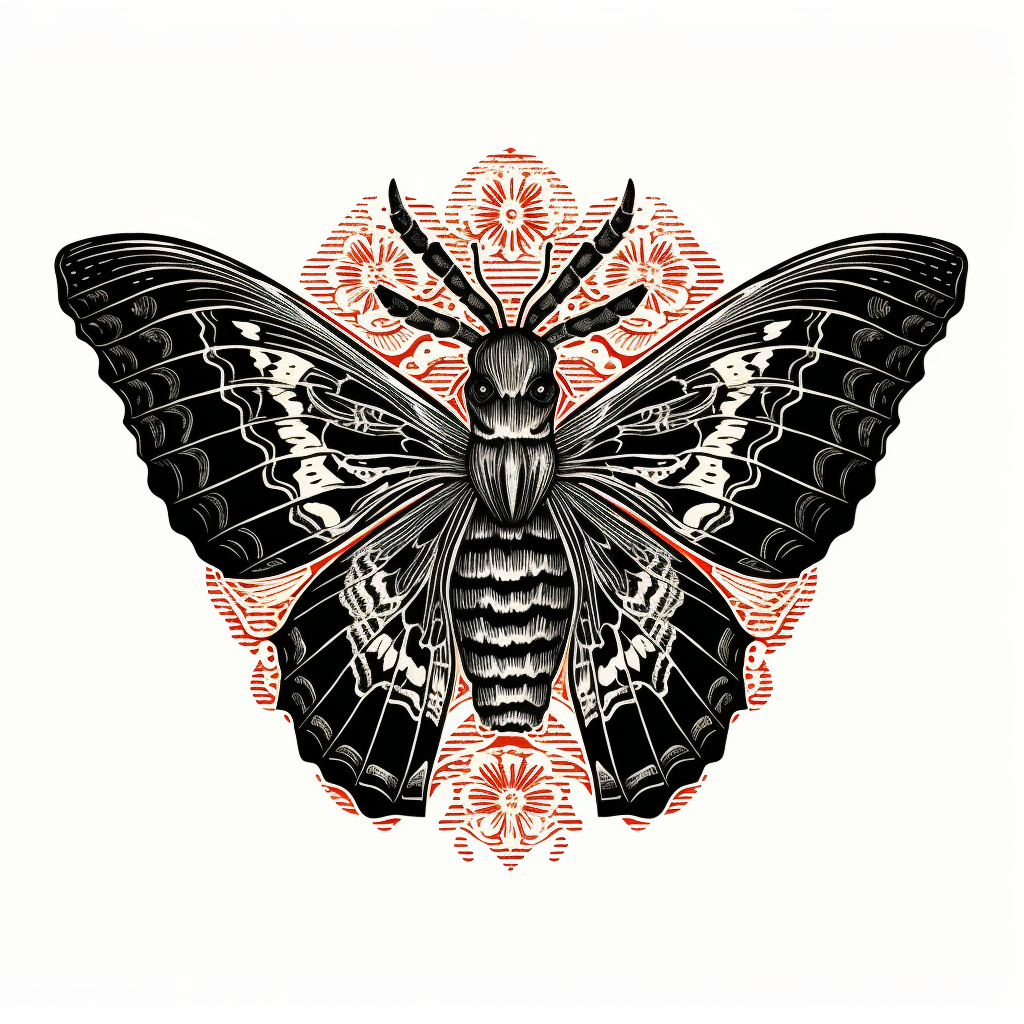 Artistic depiction of a deathshead moth on a skull