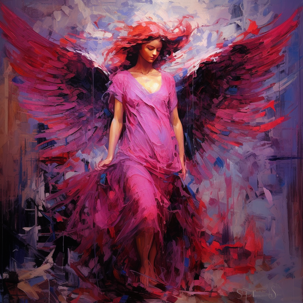 Palette knife painting of biblical angel in vibrant colors