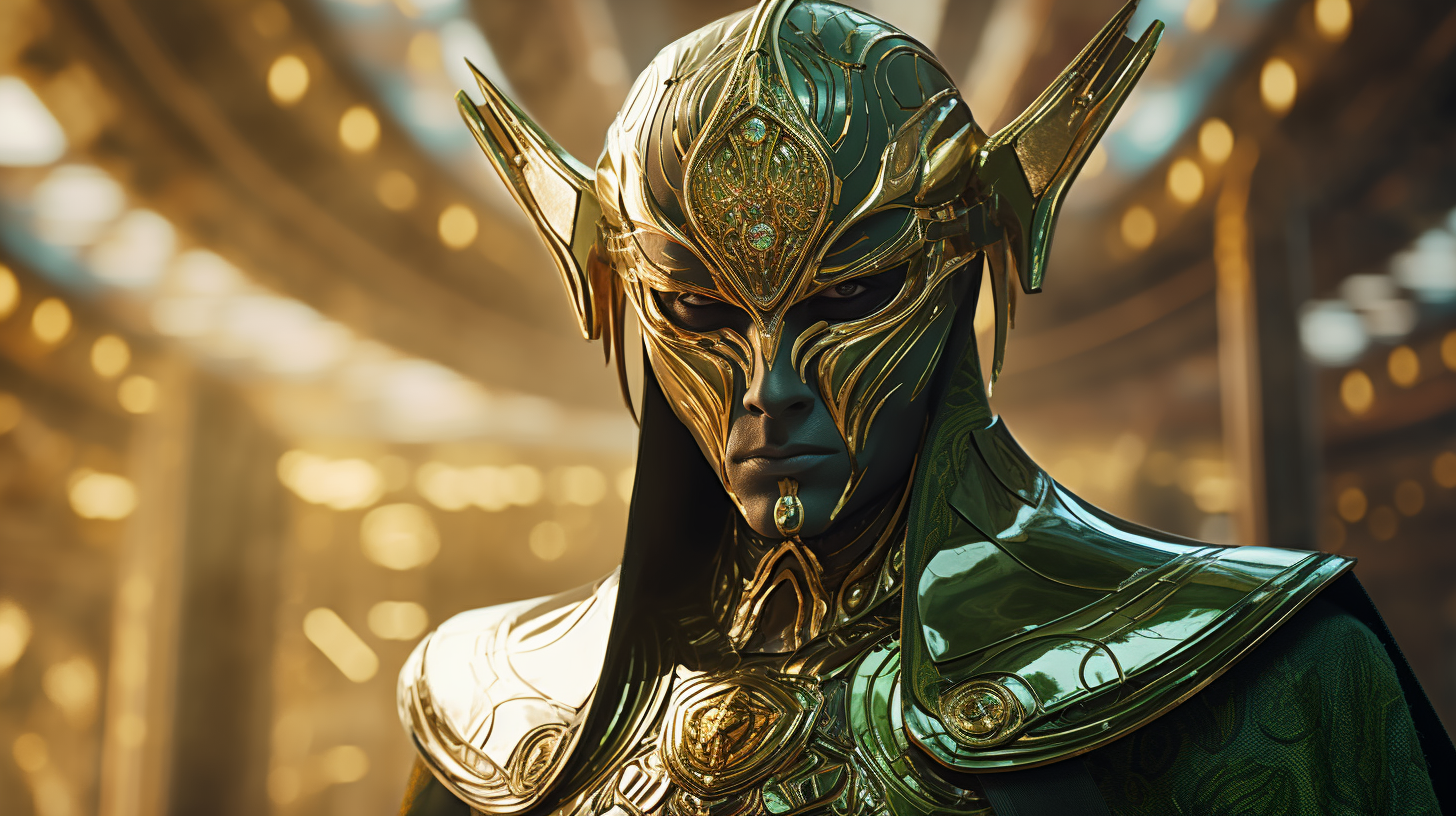 Closeup of a decadent futuristic king in green and gold