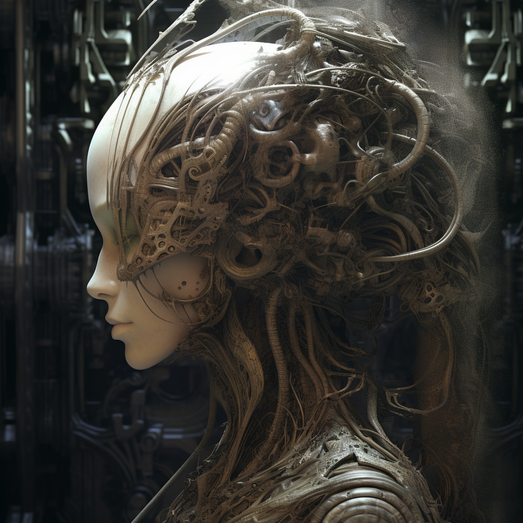 Mysterious decaying beauty in Giger-inspired artwork