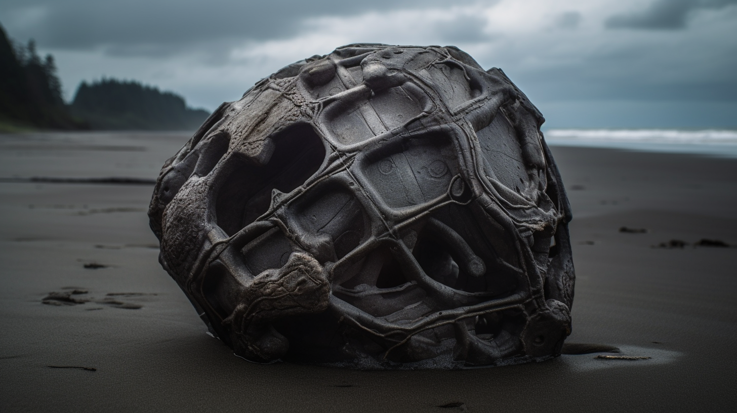 Decaying geometric alien artifact on Pacific Northwest beach