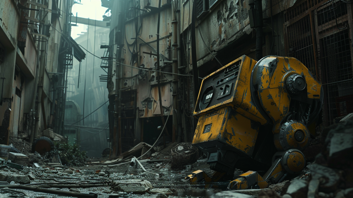 Decaying robot in Tokyo movie style