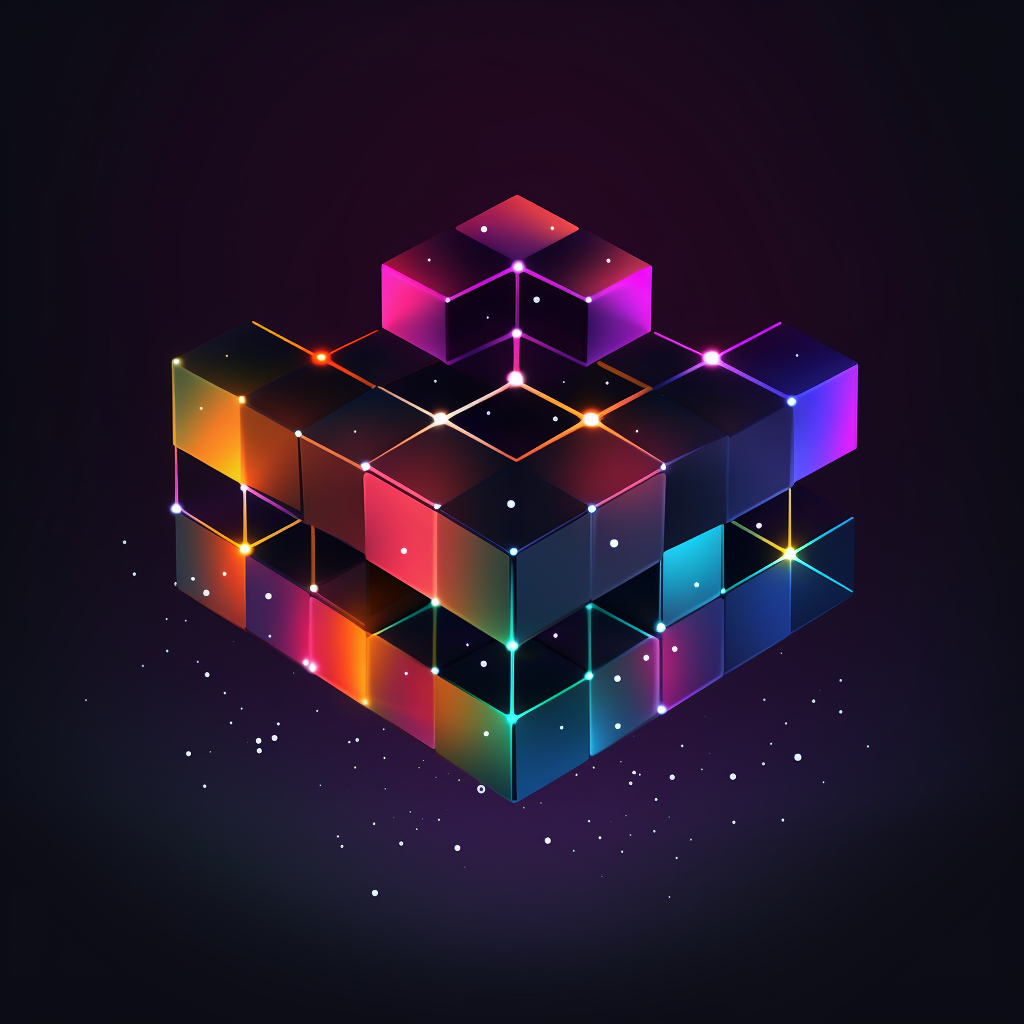 Logo of a decentralized operating system, cubes, network, positive energy, freedom