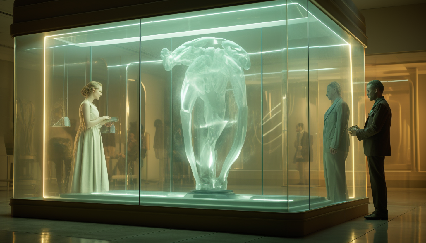 Woman enclosed in frosted glass cube in Art Deco hospital