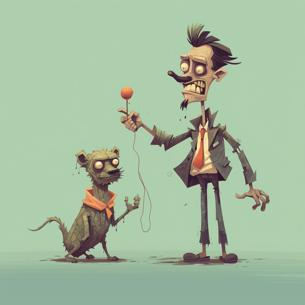 Grotesque zombie man playing fetch with cute living dog