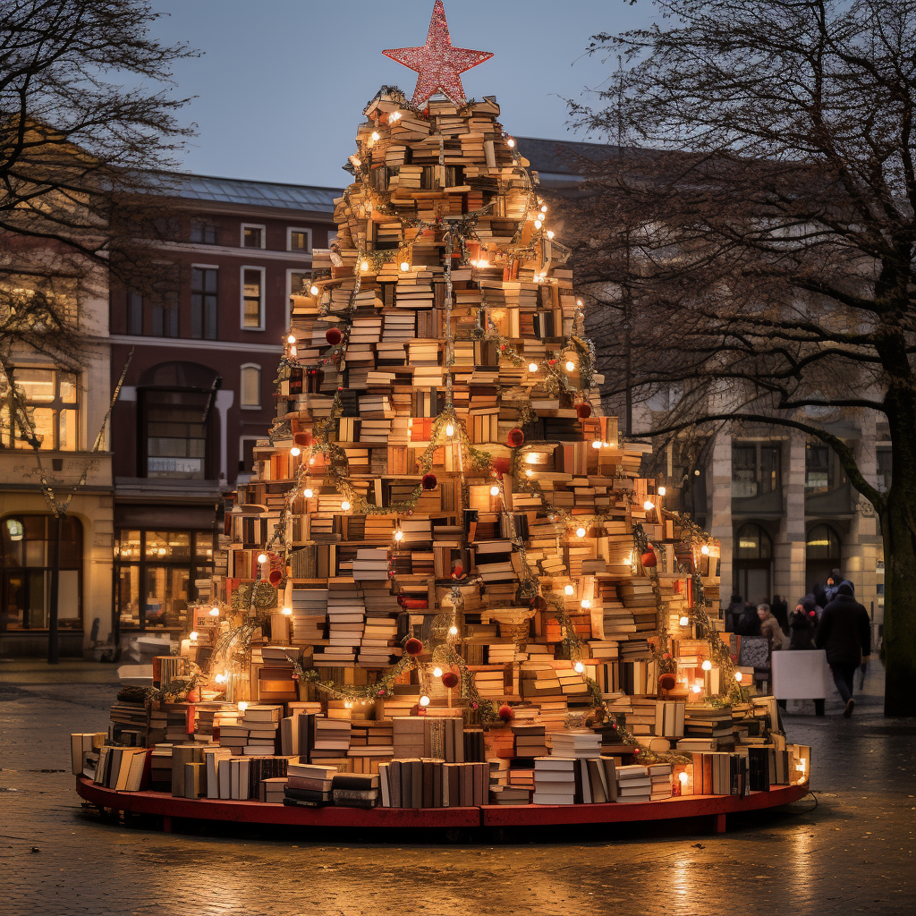 Beautiful Christmas tree decorated with books