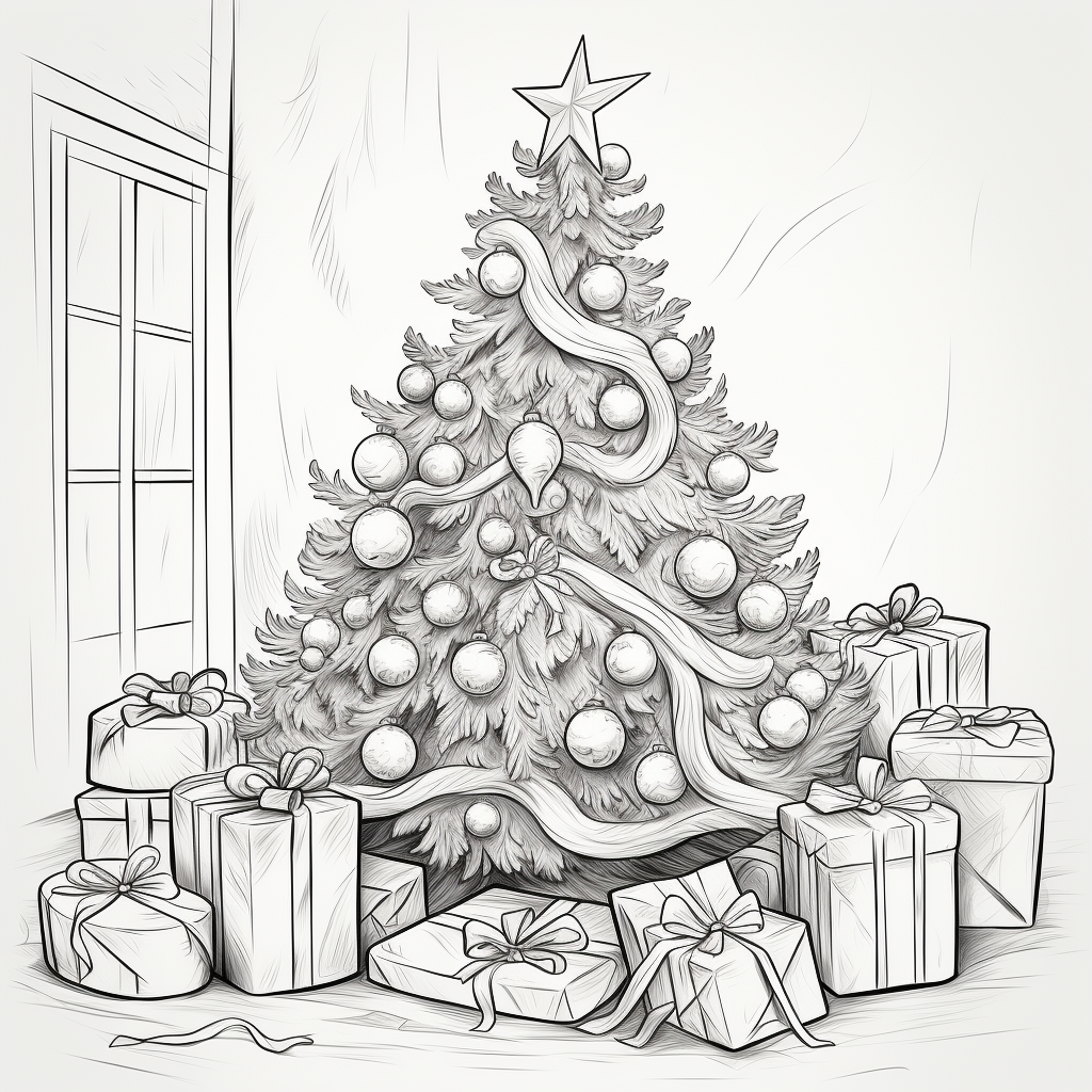 Simple black line drawing of a decorated Christmas tree