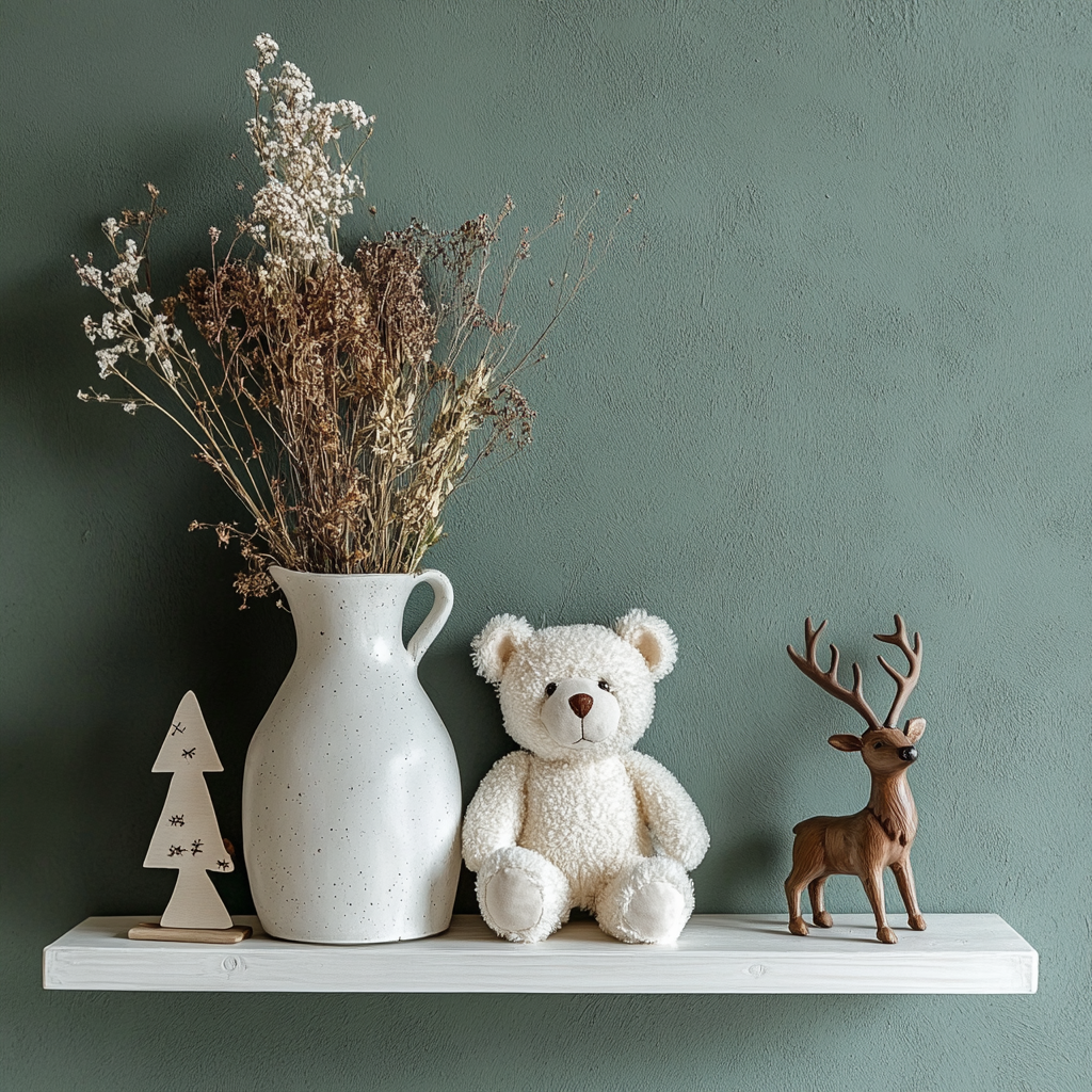 White Shelf with Teddy Bear, Flower Vase, Reindeer