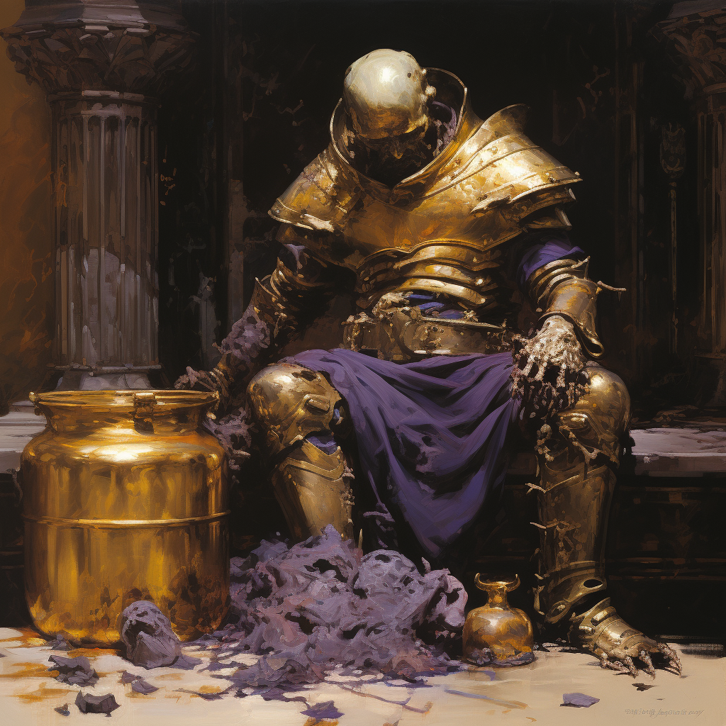 Decrepit gold armor with purple potion