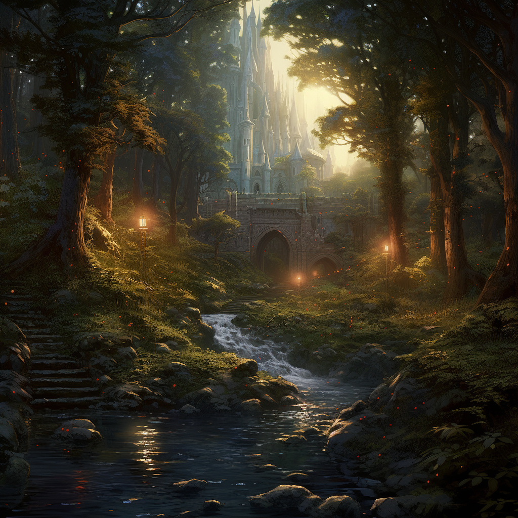 Ethereal deep forest scenery with castle