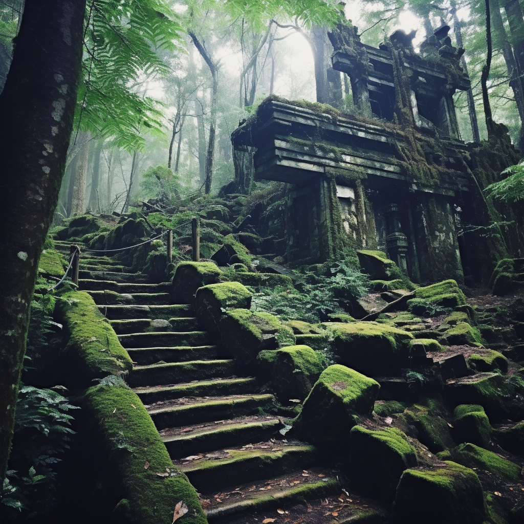 Ancient ruined shrine in deep forest