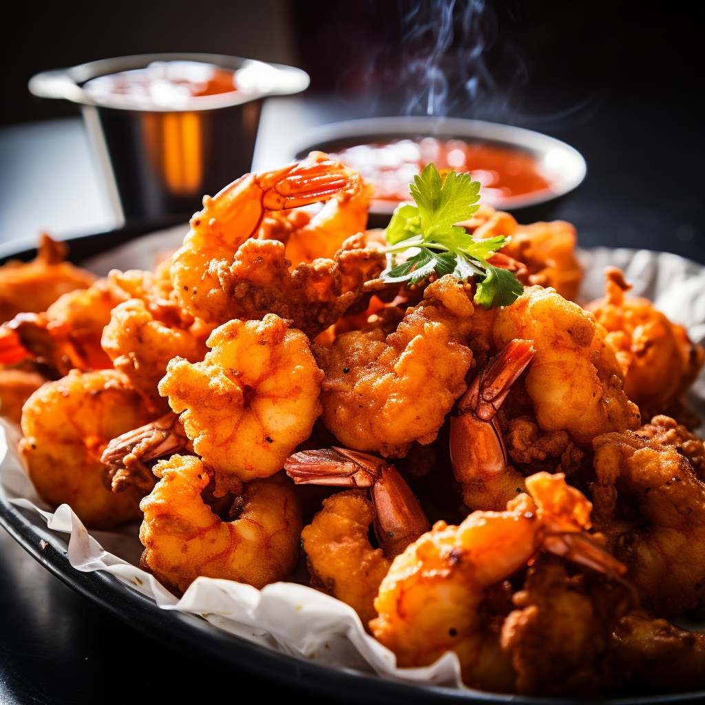 Close up of deep fried popcorn shrimp platter