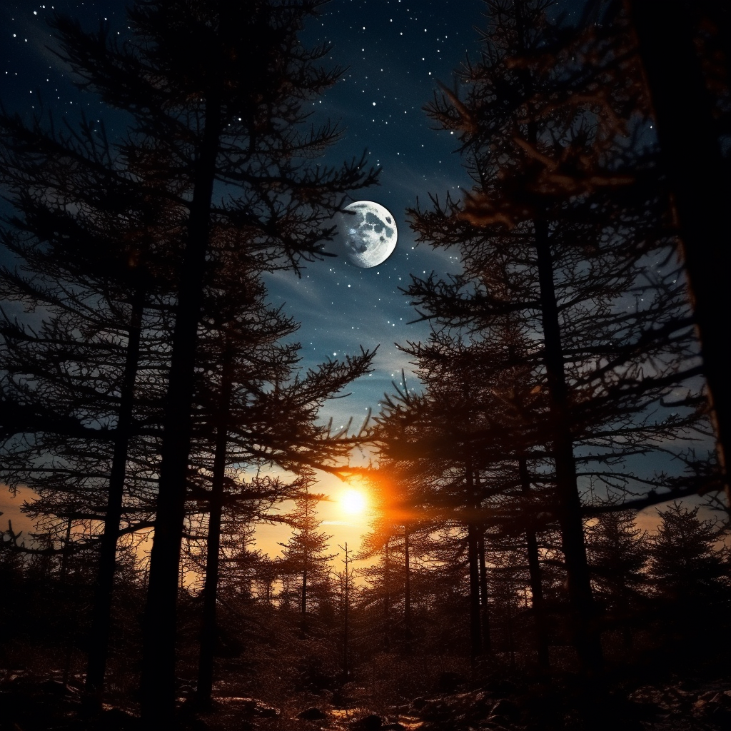 Awe-inspiring deep moon with stars and pines