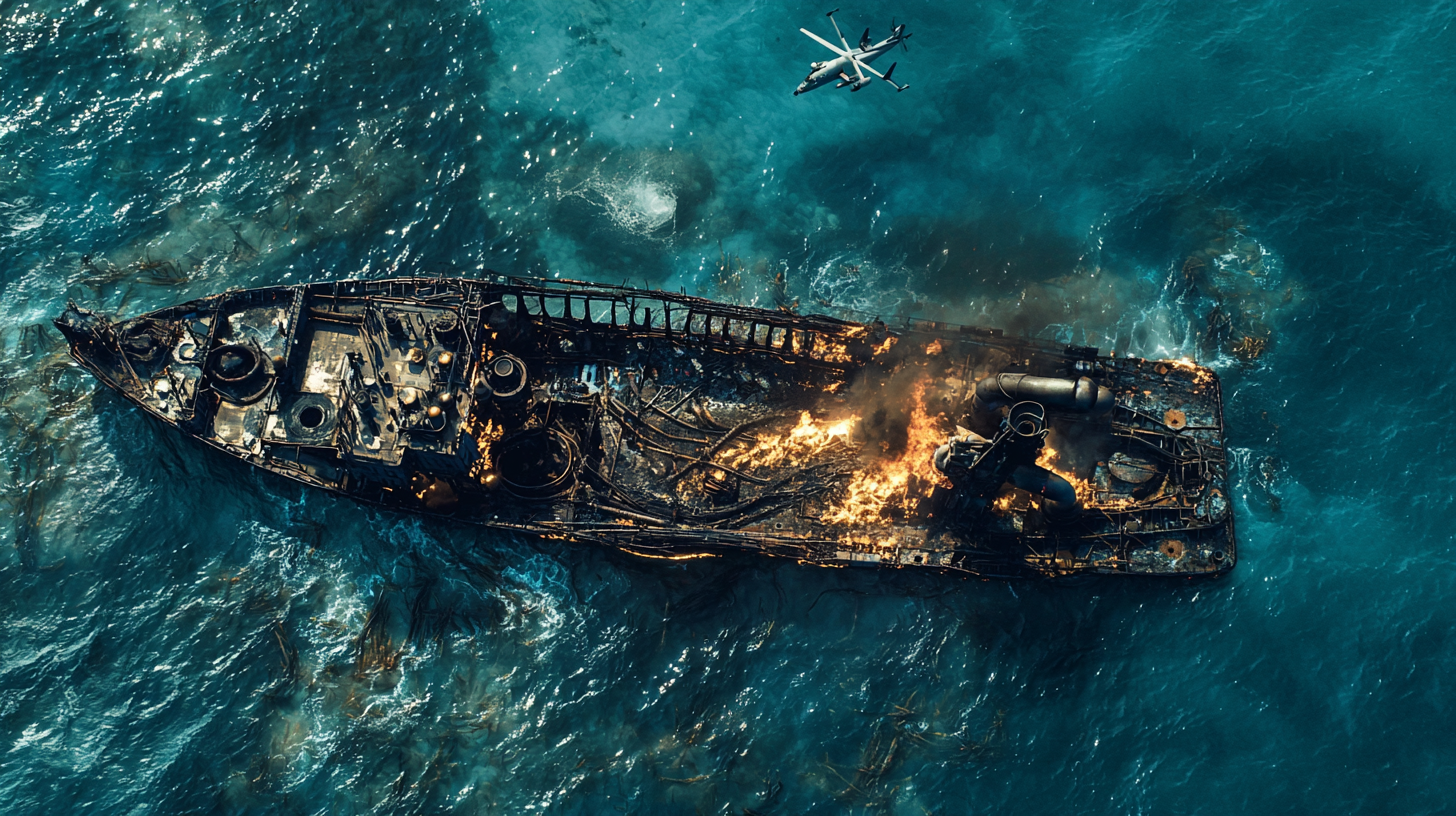 burned deep sea ship wreck