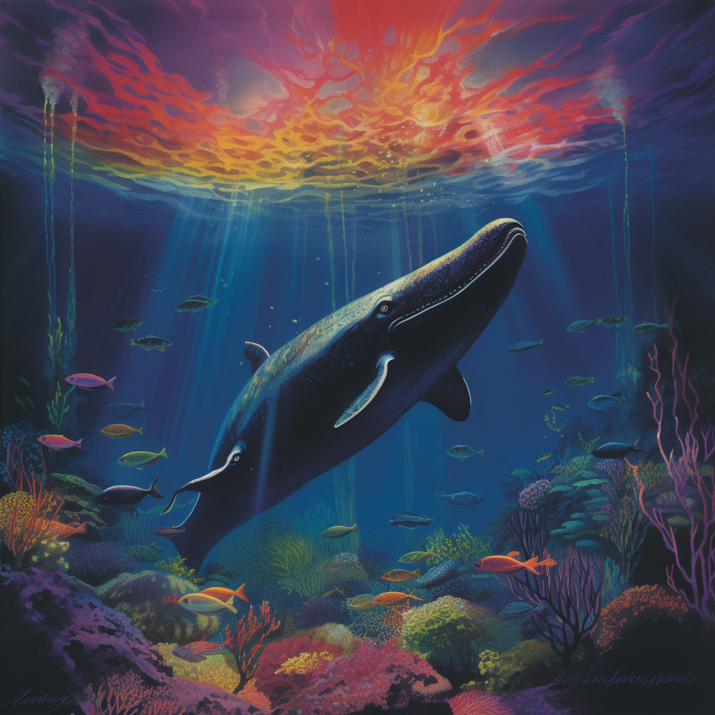 Colorful album cover with deep underwater whale