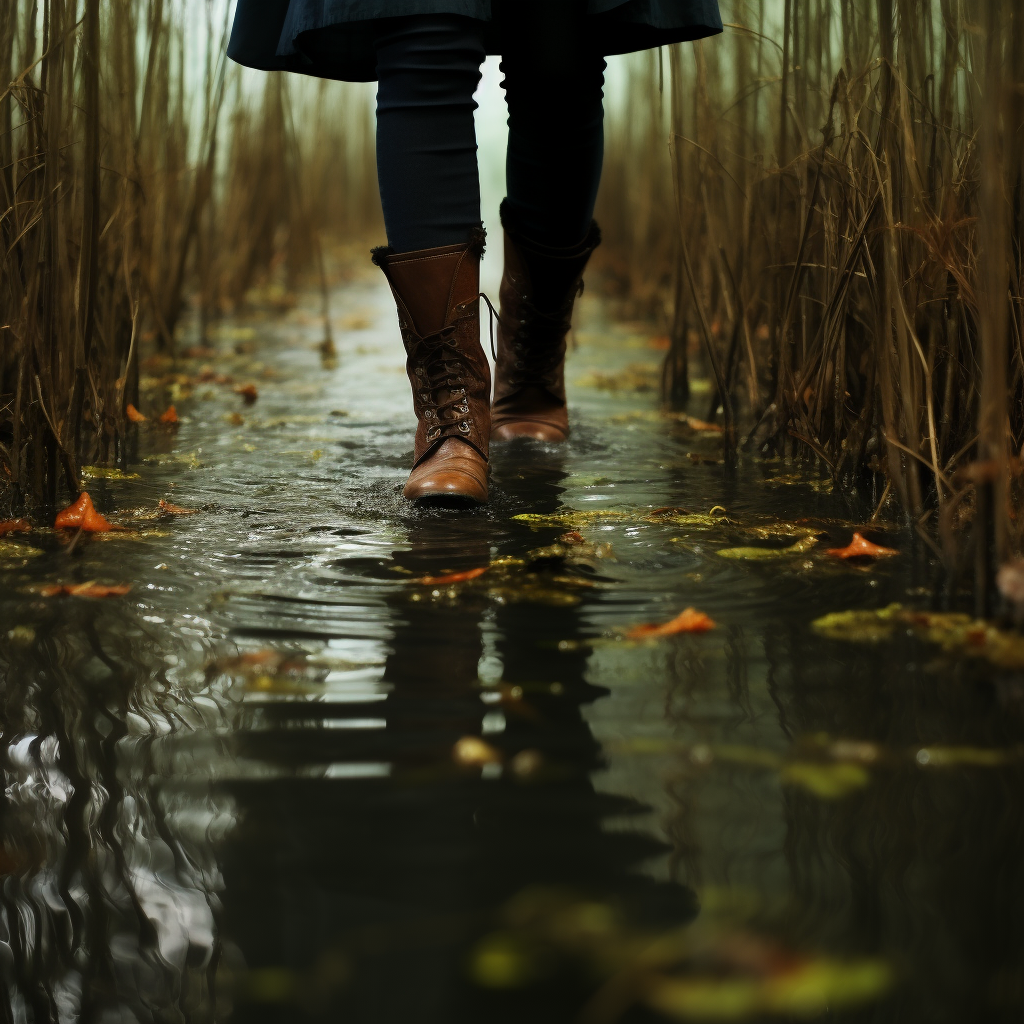 Two women walking in a deep swamp