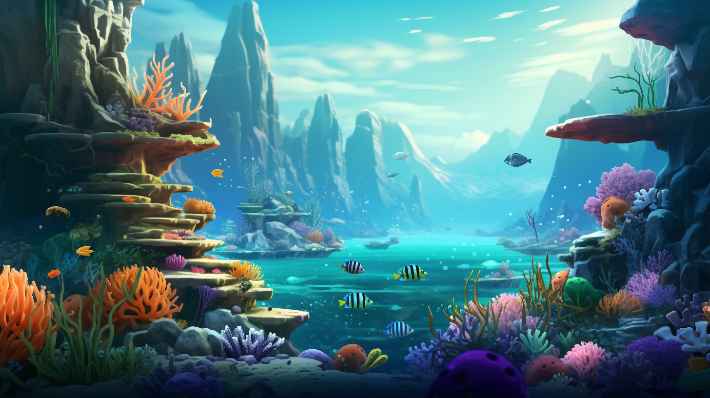Colorful underwater scenery with mountains, bubbles, and sea animals.