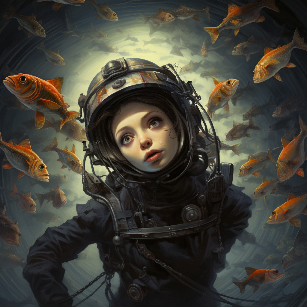 Deepsea diver surrounded by fish