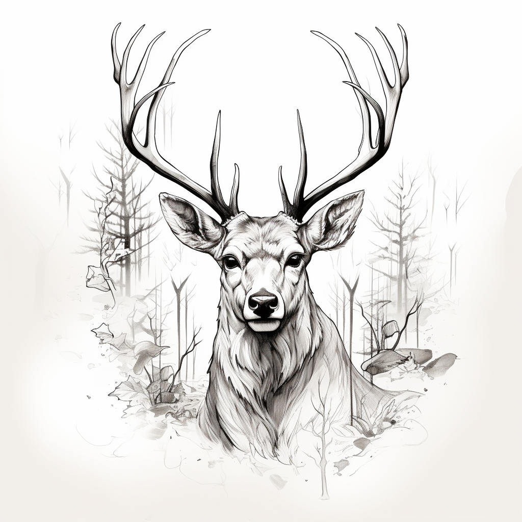 Black and white ink depiction of a deer