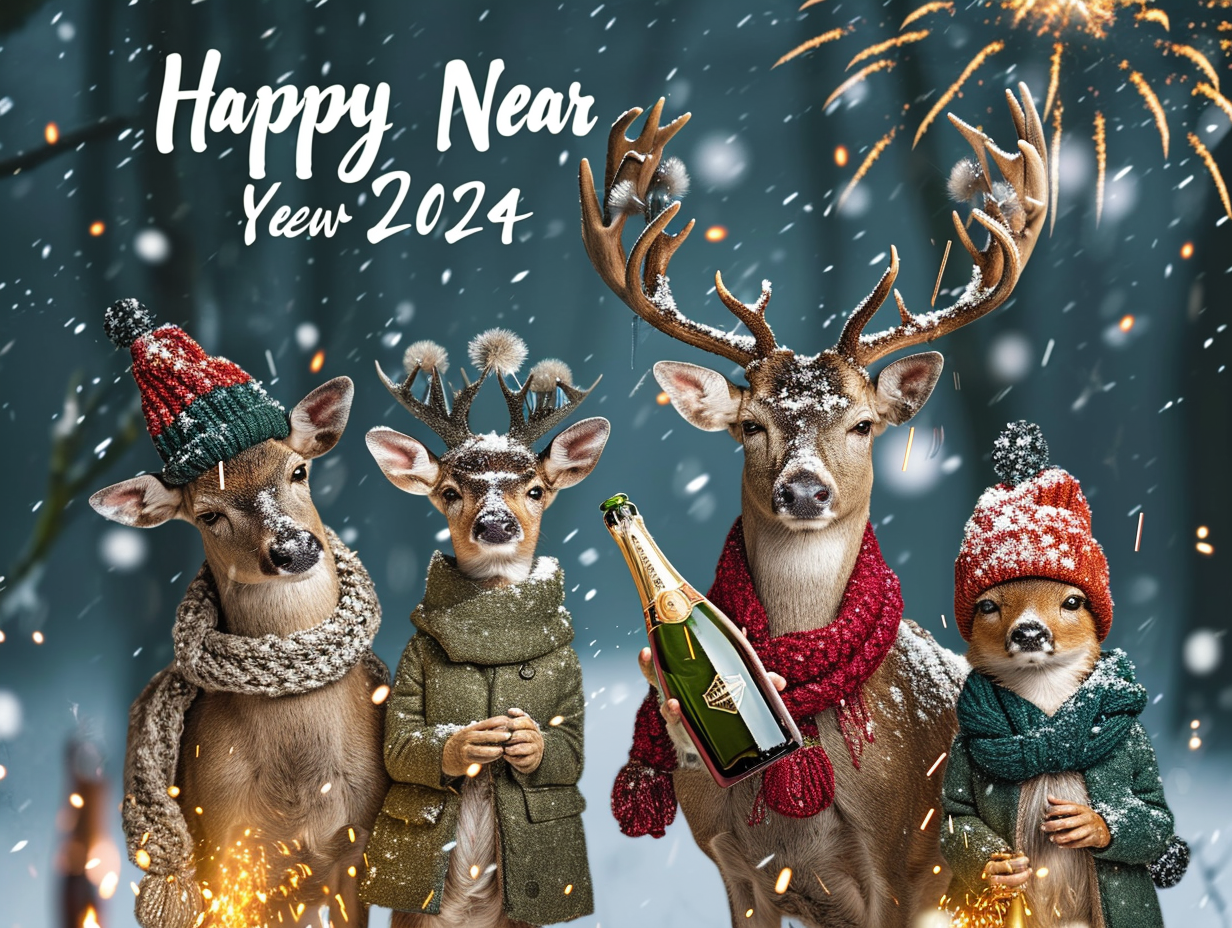 Deer family celebrating New Year 2024