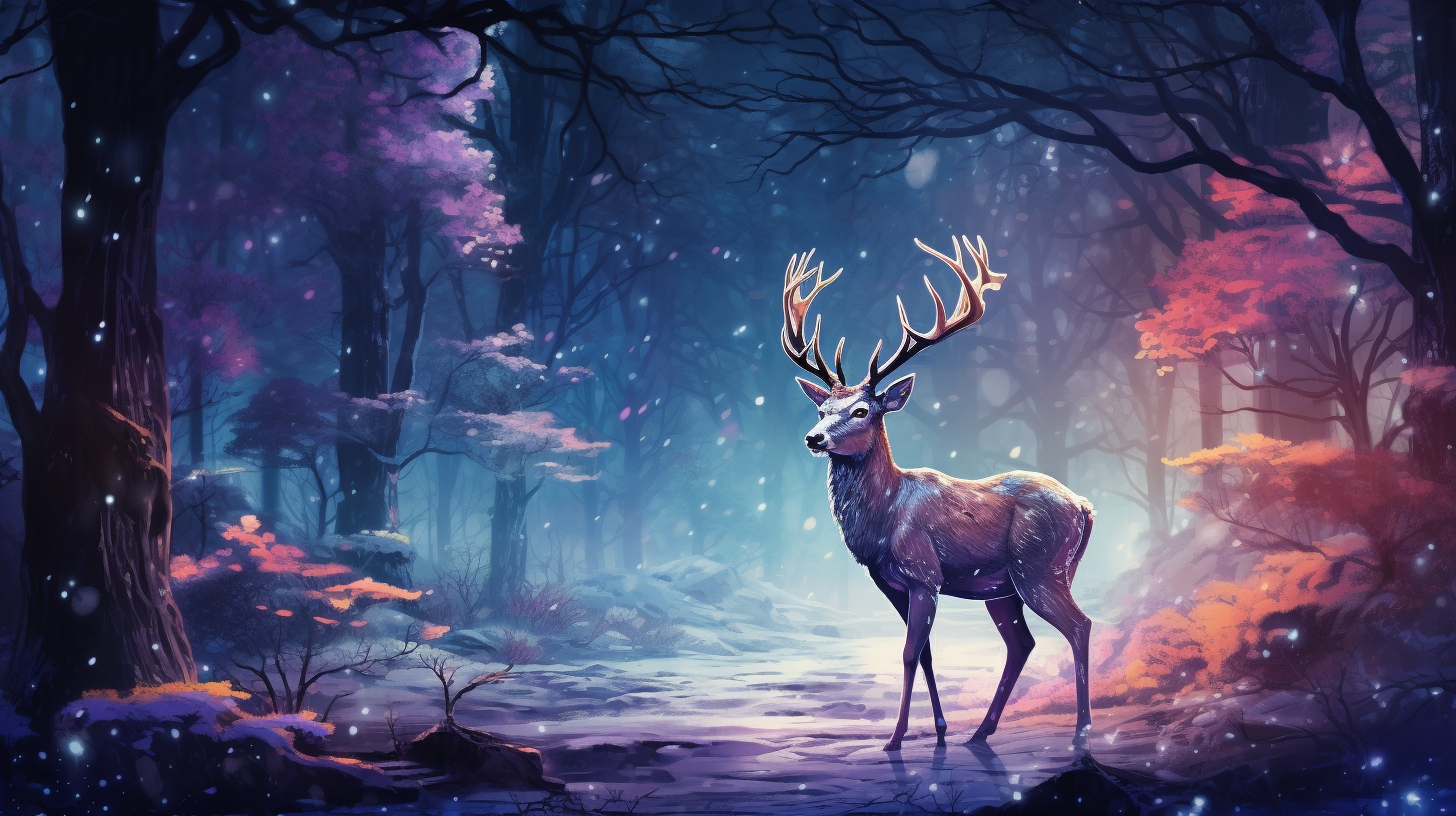 Winter forest fairy tale illustration with deer