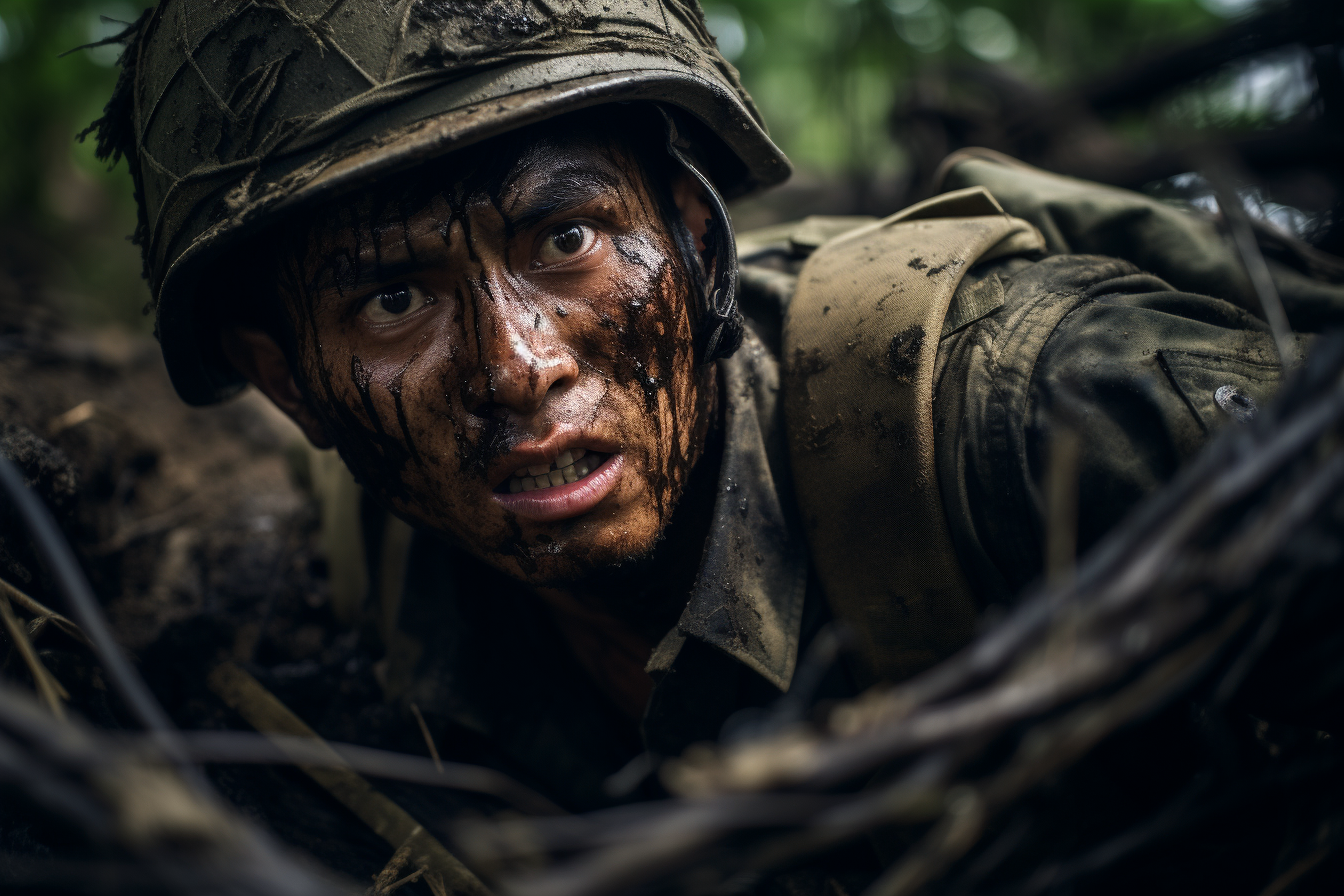 Singapore Armed Forces officer defending trench in southern Thailand