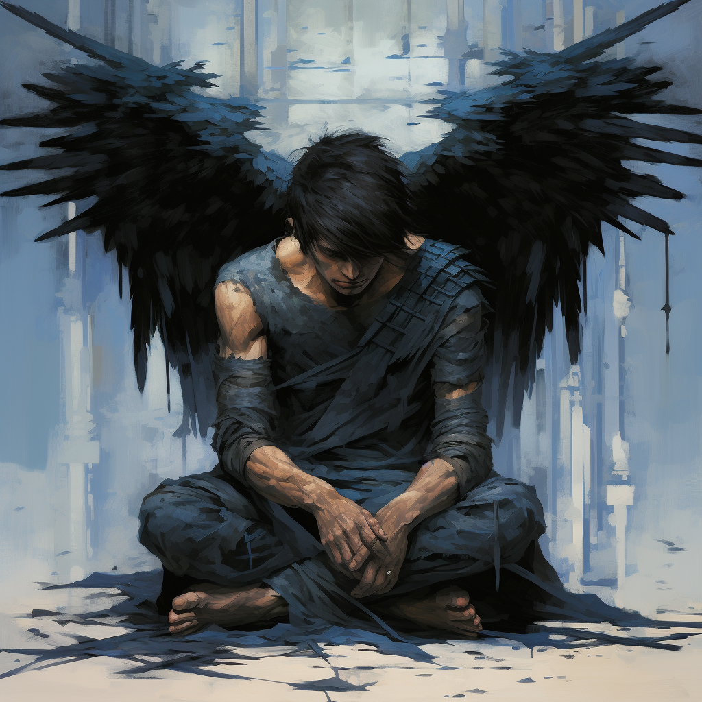 Illustration of defeated angel with black wings