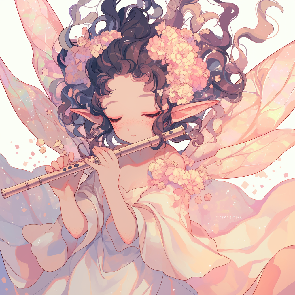 Delicate fairy with iridescent wings playing flute