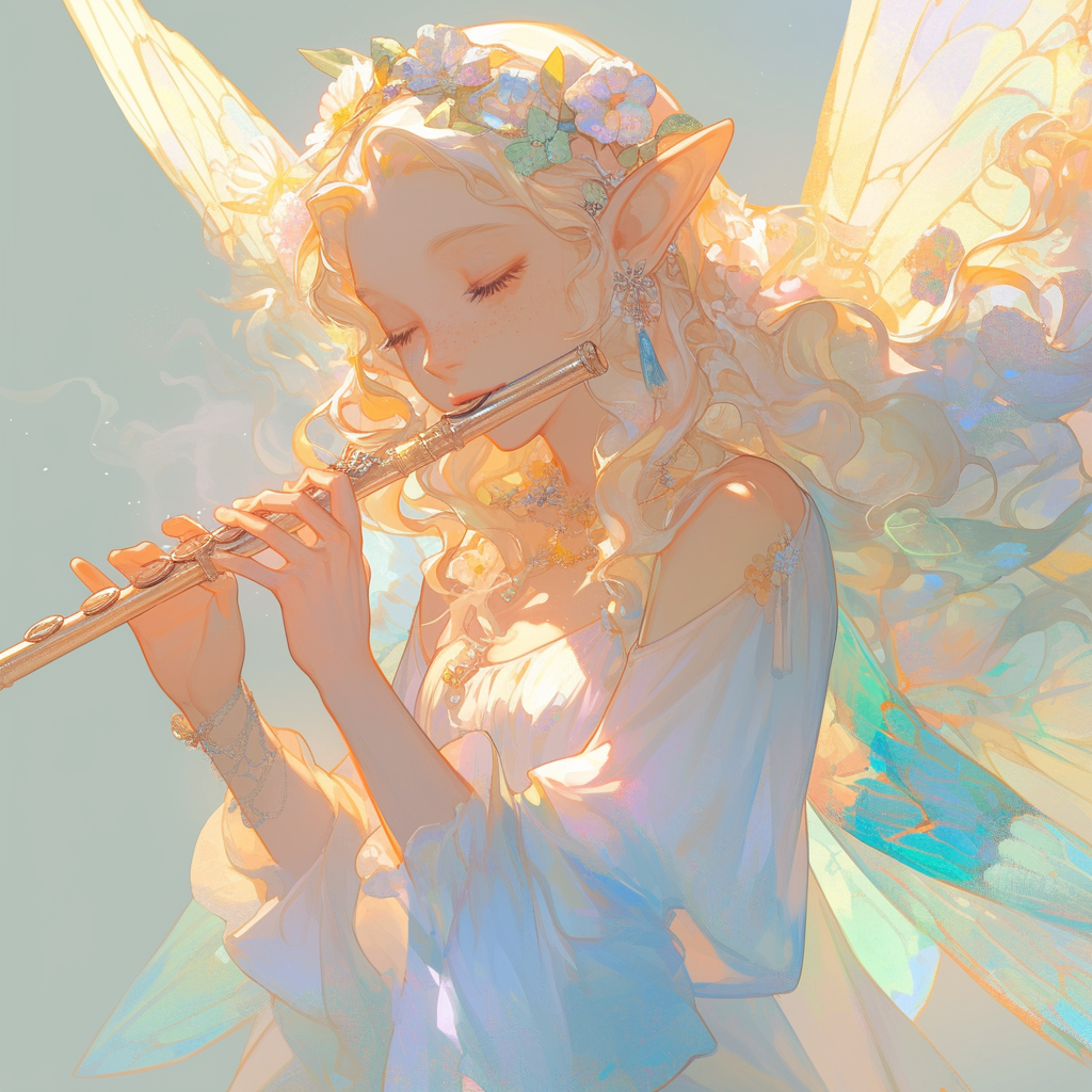 Small delicate fairy playing flute