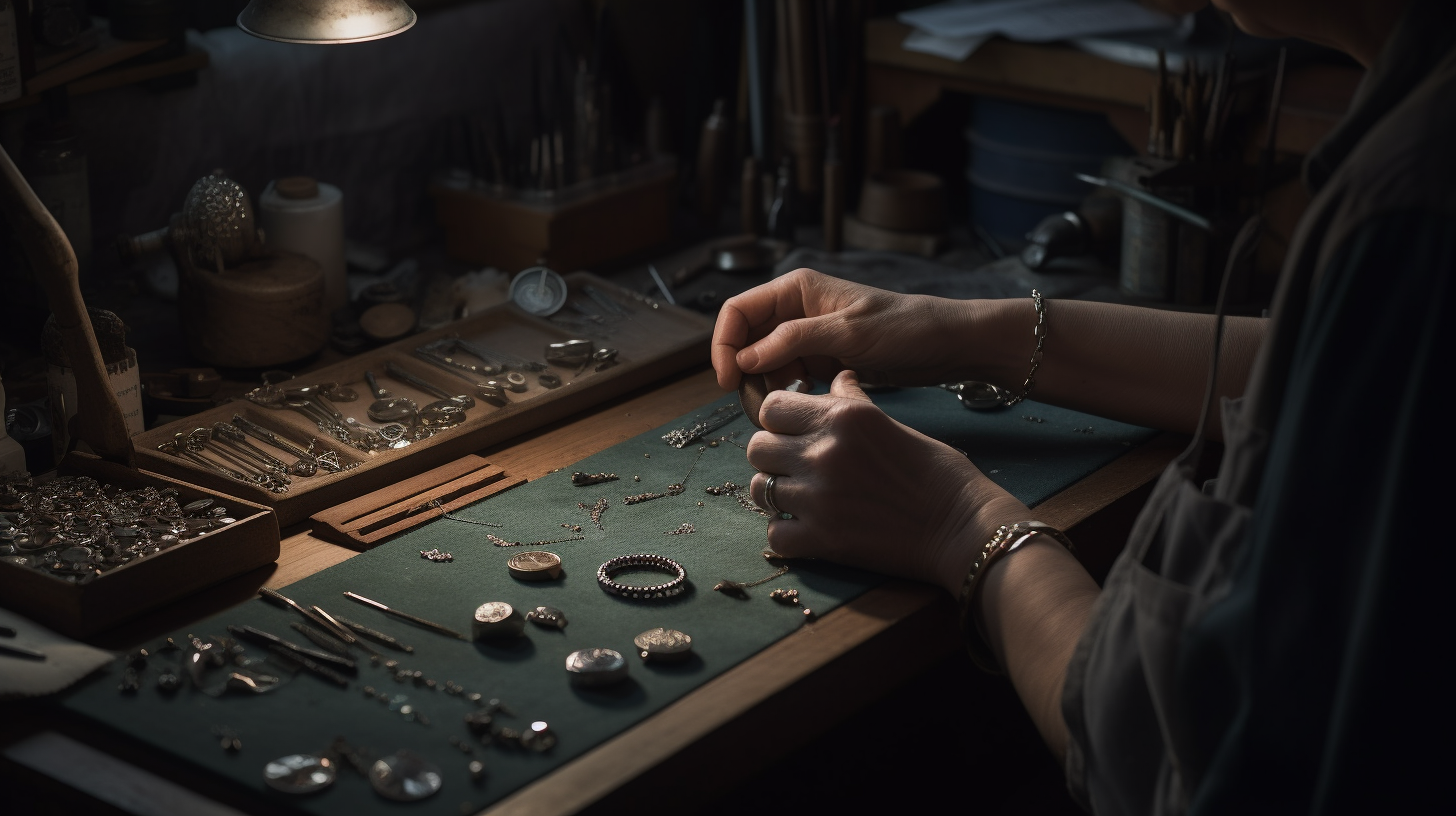 Jeweller repairing delicate necklace in workshop