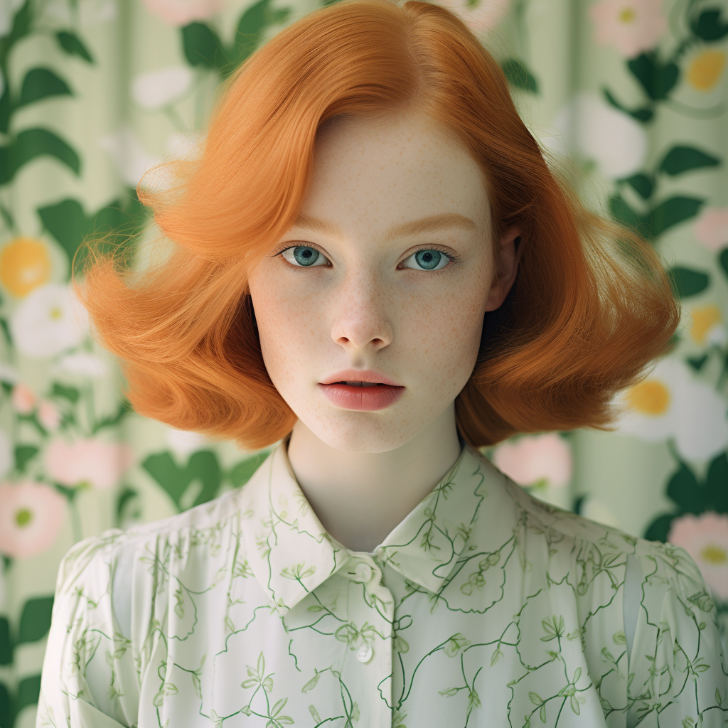 Portrait of Beautiful Pale Ginger Woman in Green Dress